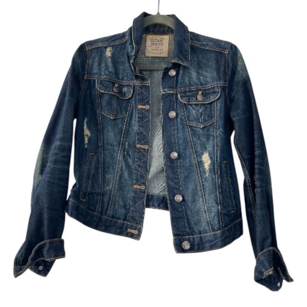 Zara TRF Premium Wash Distressed Denim Jacket – 100% Cotton, Women’s Size M